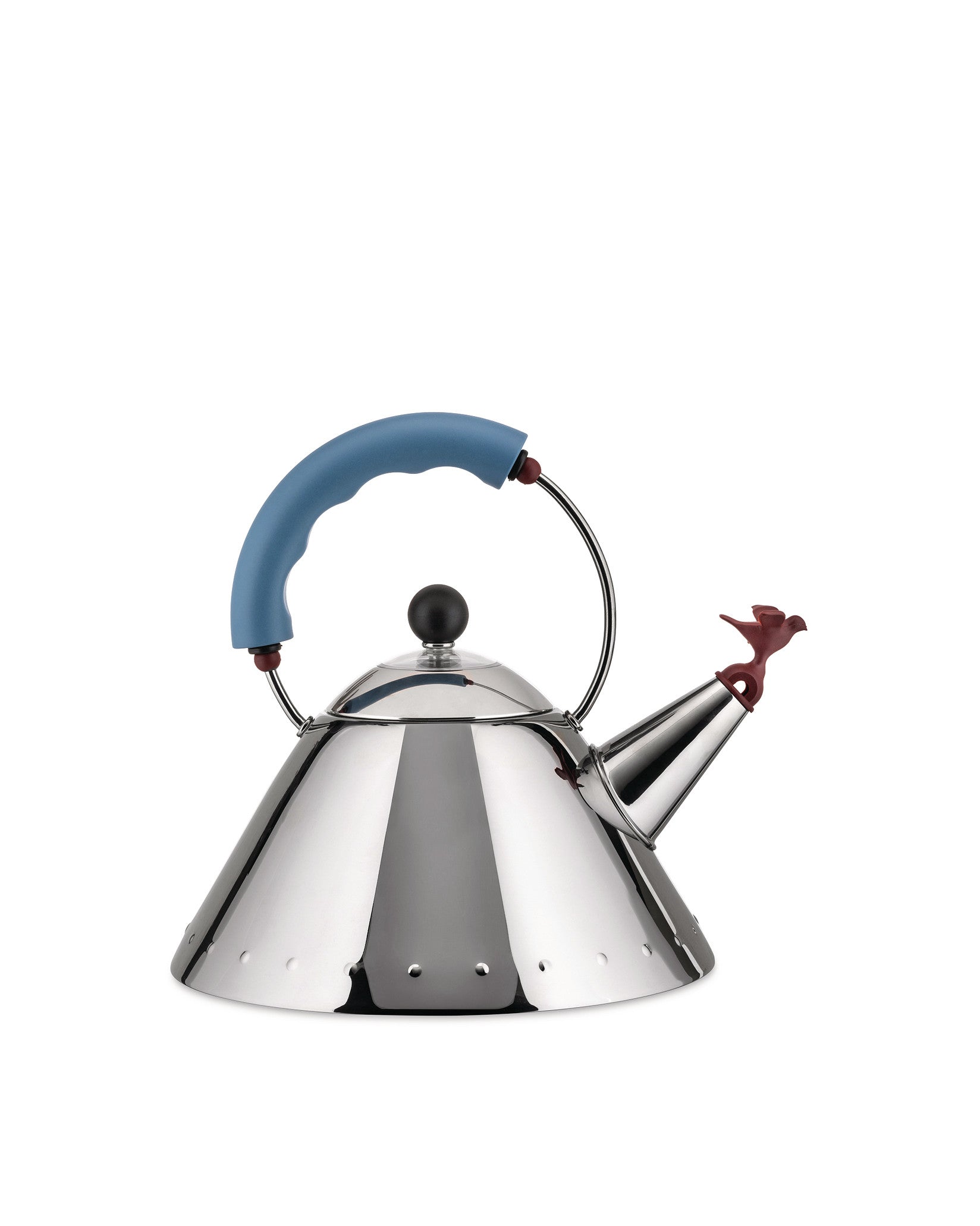 Iconic and hugely recognisable 9093 bird whistle kettle by Michael Graves. Conical-shaped stainless steel induction hob top kettle with multicoloured handles.