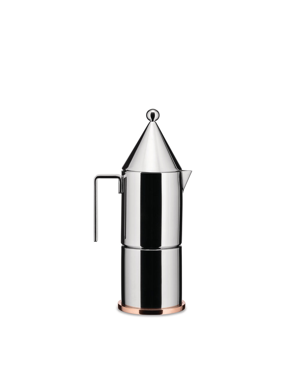 Personalisable stovetop espresso coffee maker in polished stainless steel and copper. An elegant gift idea for coffee lovers featuring straight edges and conical lid.
