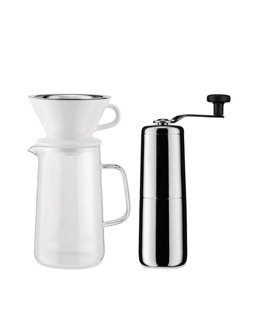 Premium slow coffee set with polished stainless steel grinder and glass carafe