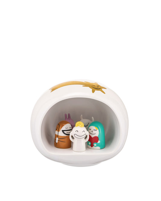 A fun and modern Christmas nativity scene ornament crafted in porcelain and hand decorated. Featuring Joseph, Mary and Baby Jesus along with 2 animal figurines in a curved porcelain stage. Decorate for Christmas in style.