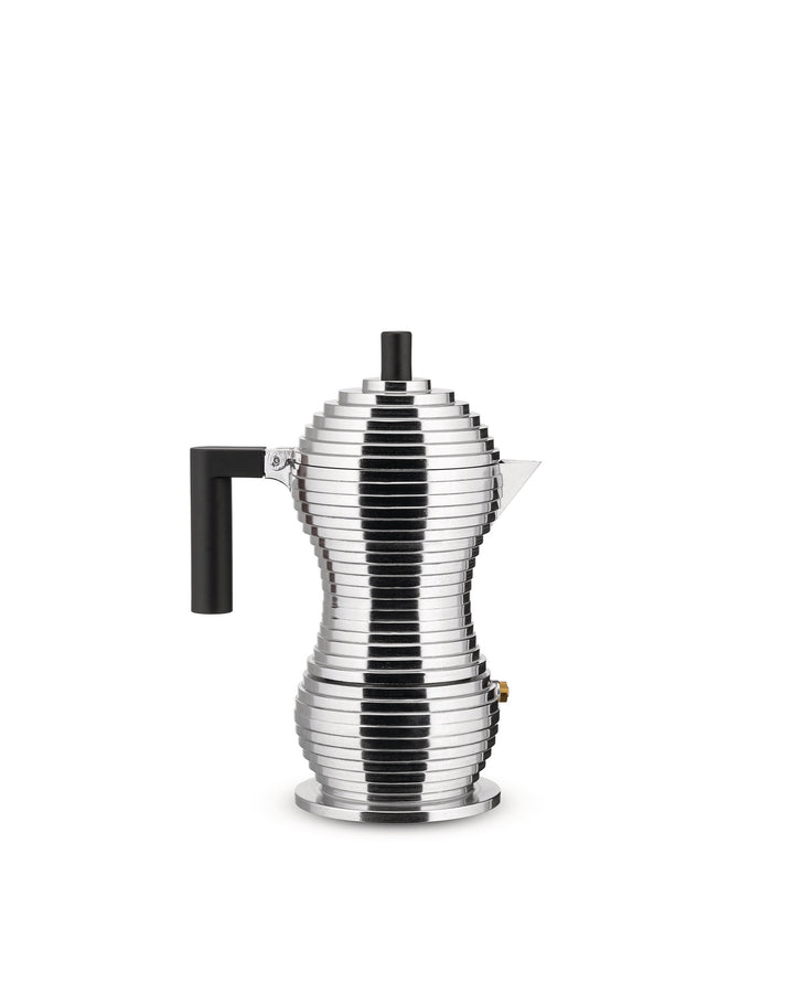 Stylish and modern take on a classic moka pot. This stovetop espresso maker with its hourglass shape has a functional design to guarantee a better tasting coffee.