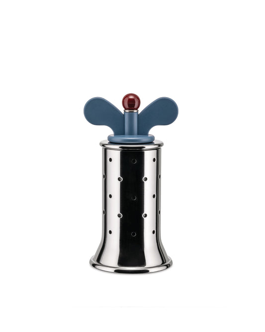 The Alessi 9098 pepper mill is a unique take on a dining essential. with a stainless steel body spotted body with a wide base. The pepper mill features a thermoplastic top which resembles traditional wind up toy mechanisms. Available in black and blue. 