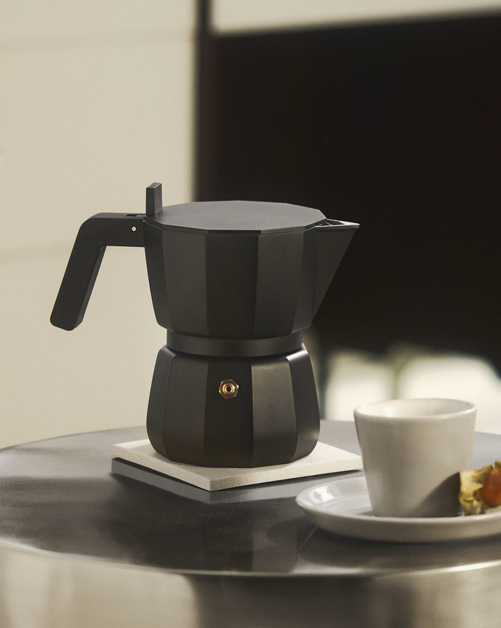 black aluminium designer coffee maker moka pot by Alessi and designer David Chipperfield