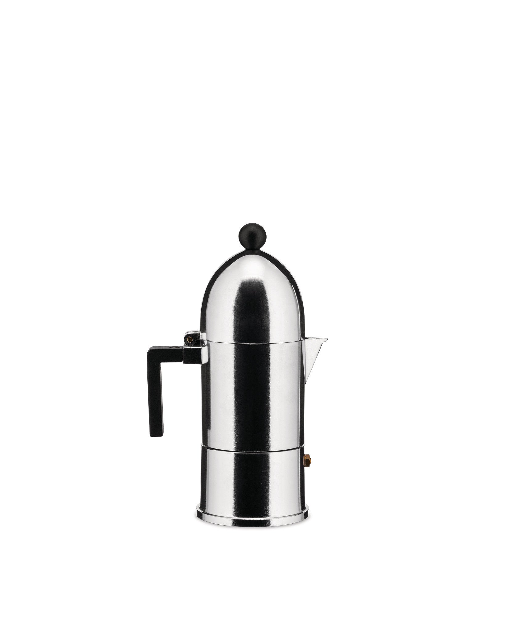 La cupola ESPRESSO COFFEE MAKER designed by Aldo Rossi for Alessi. This caffettiera is an Italian design classic, based on the original moka pot stovetop espresso maker. Contemporary & distinctive with its dome top and bullet-shaped body of polished aluminium