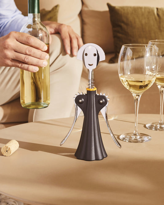 The Anna G designer corkscrew wine bottle opener in a variety of colours (pictured in yellow). Corkscrew features wimsical 'woman' design with smiley face and dress. A design icon in barware