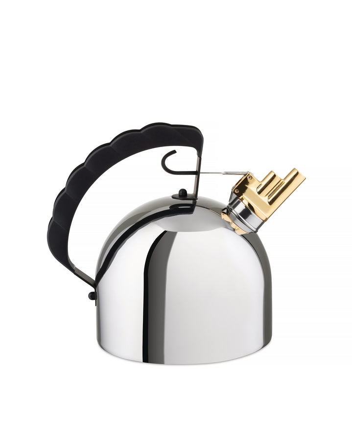 Alessi 9091 induction kettle designed by Richard Sapper. Dome shape in polished stainless steel, this stovetop kettle features a unique brass whistle. A truly unique compliment to tea time.