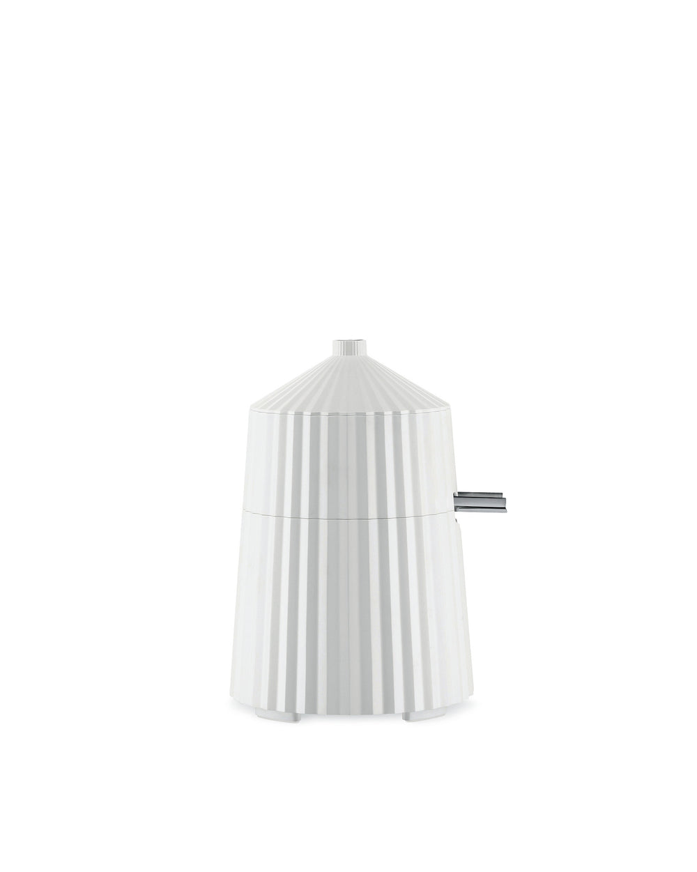 This small electric juicer features a pleated surface around the walls and features a conical lid. Available in easy-to-clean white, black, green, red and grey thermoplastic resin with chrome accents. Designed by Michele De Lucchi. 